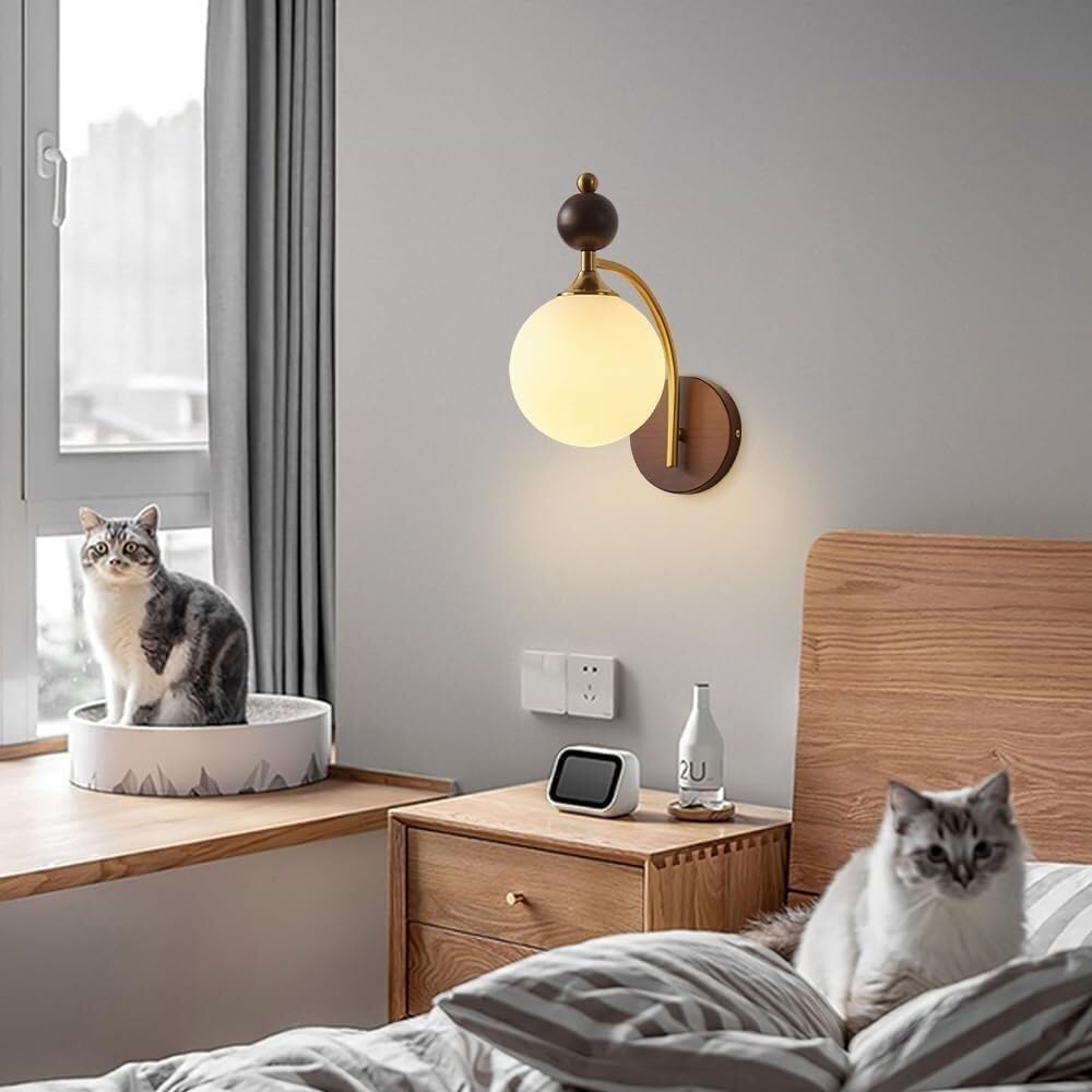 Innen Globus Glas Wandleuchte Schirm Retro Holz Wandleuchte Modern Minimalistisch Nachttisch Wandlampe Mid Century Nordische Wandmontierte Laterne für Wohnzimmer