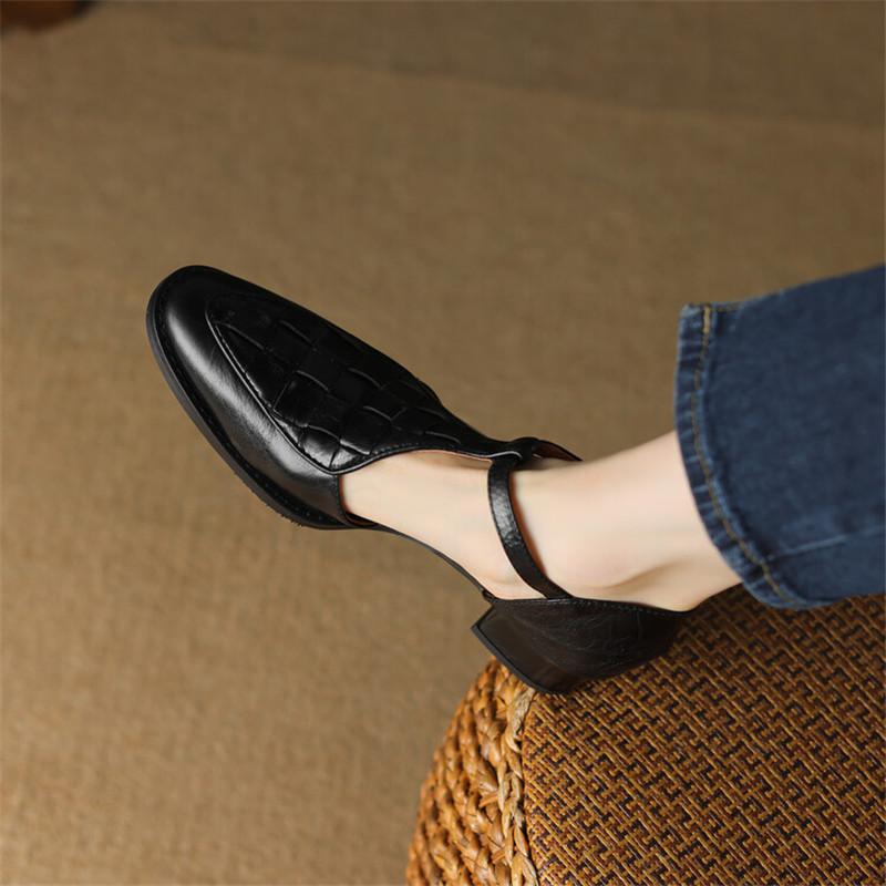 Fashion New Summer Genuine Leather Sandals Women 2025 Round Toe Shoes Chunky Heel Cover Toe Sandals for Women Handmade Cow Leather Shoes