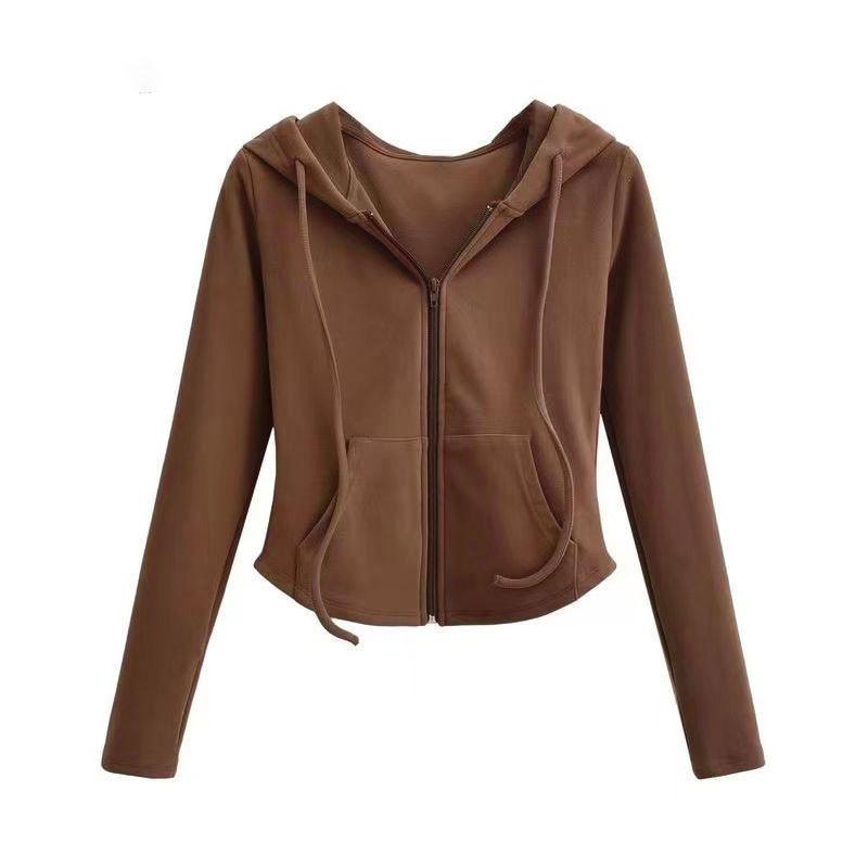 Women’s Spring/Autumn Hooded Cardigan Jacket – Slim-fit, Waist-cinched, Slimming, Long-sleeved, Cropped Top