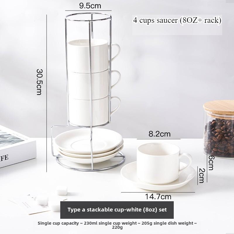 3OZ Porcelain Stackable Cups with Saucers and Metal Stand for Specialty Coffee Drinks,Latte,Americano and Tea-Set of 4