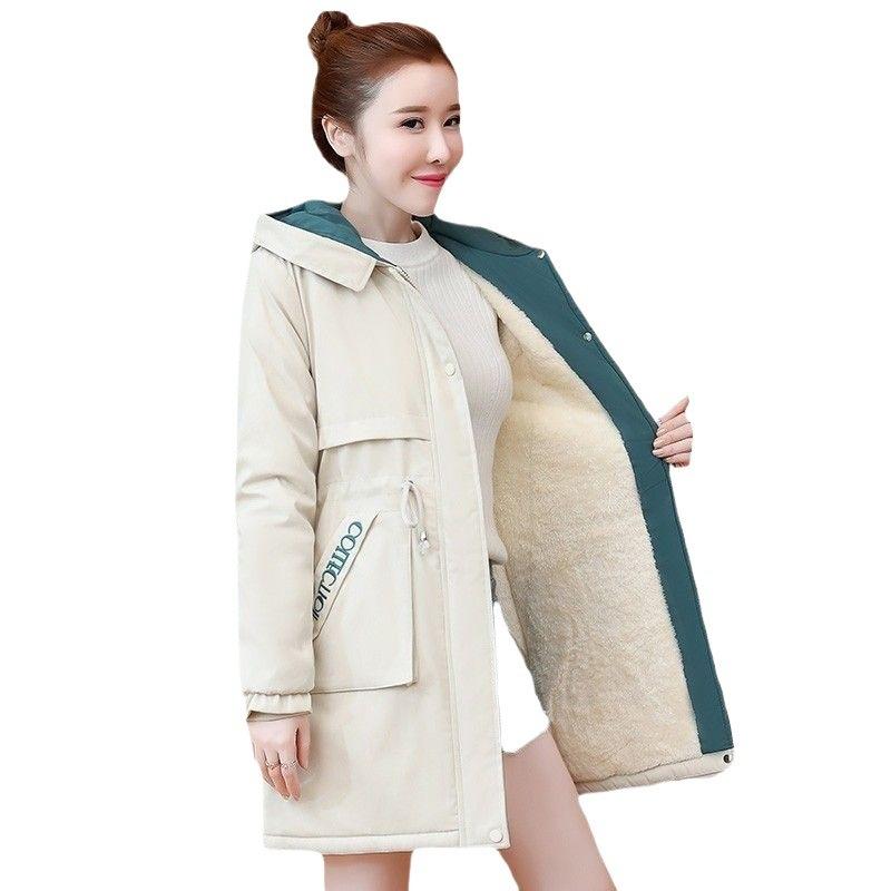 Hooded trench coat medium and long spring and autumn new winter velvet thickened cotton-padded coat cotton-padded jacket women's fashion trend