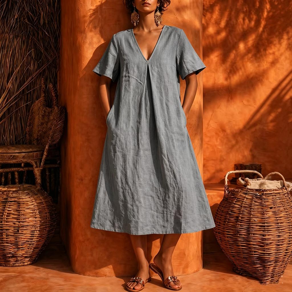 Women's Casual V Neck Midi Dress Short Sleeve Loose Fit Minimalist Mid Length Dress with Pockets Lightweight Comfortable Fabric