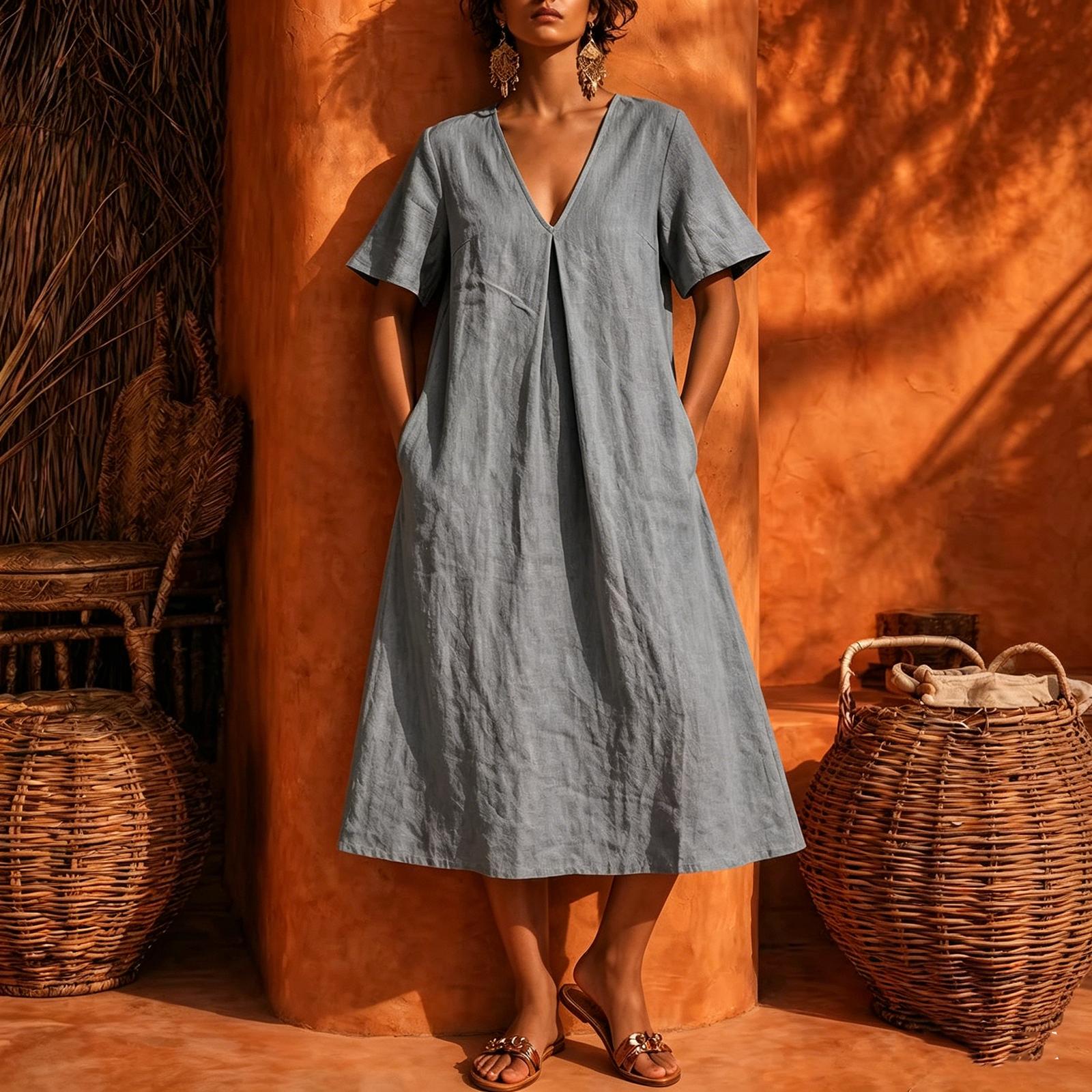 

Women s Casual V Neck Midi Dress Short Sleeve Loose Fit Minimalist Mid Length Dress with Pockets Lightweight Comfortable Fabric M