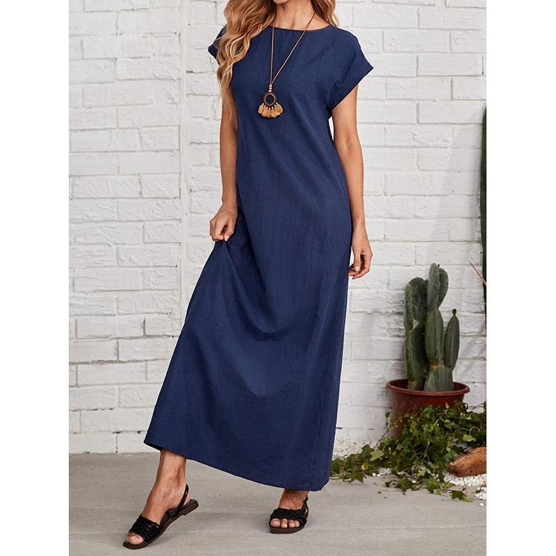 Summer Round Neck Short Sleeve Fashion Women Dress Loose Casual Solid Color Basic A-line Party Long Dresses Female Elegant Office Clothing