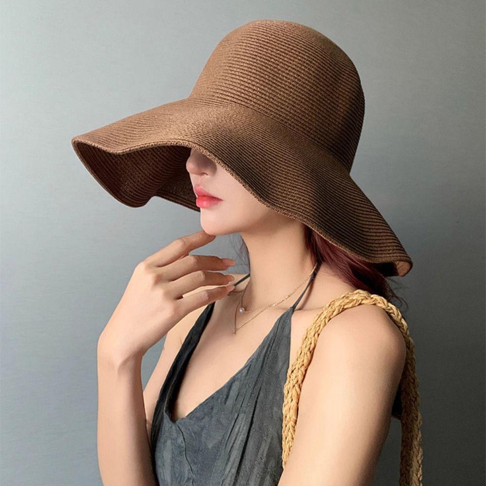Solid Color Wide Brim Straw Hat Simple Korean Style Weave Bucket Hat Lightweight Soft Beach Hat Outdoor Activities