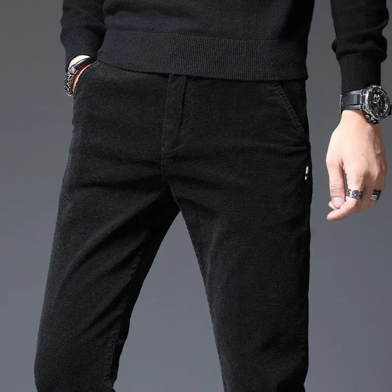 Autumn Winter Men's Corduroy Stretch Casual Slim Straight Velvet Thicken Men's Trousers Youth Pants