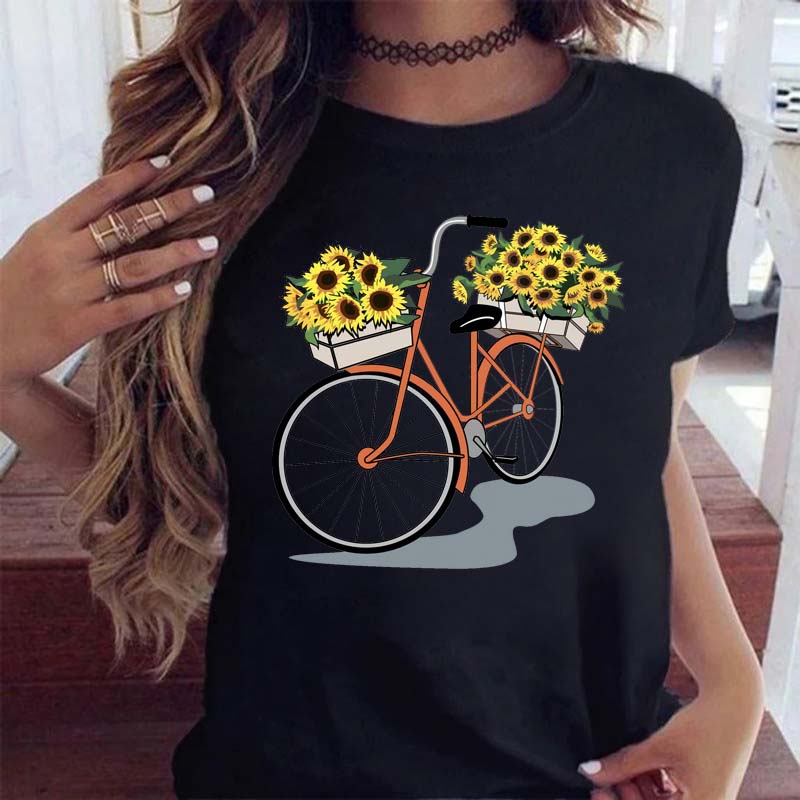 Woman Funny Bicycle Floral Print T Shirt Harajuku Women Tshirts Casual O-Neck Short Sleeves Tops Tees Shirt,Drop Shipping