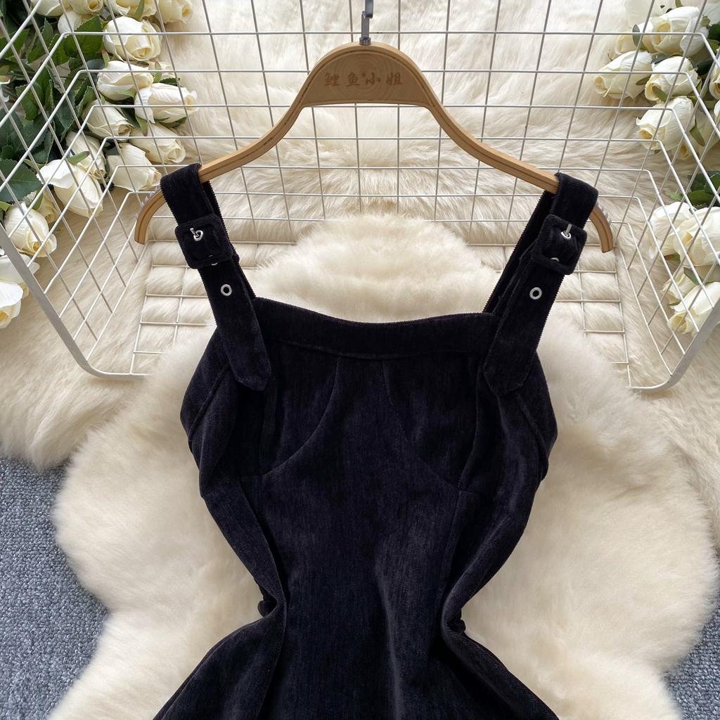 Toamnă Iarnă Anglia Stil Vintage Femei Rochii Midi Lungi din Catifea Cord cu Bretele Spaghetti