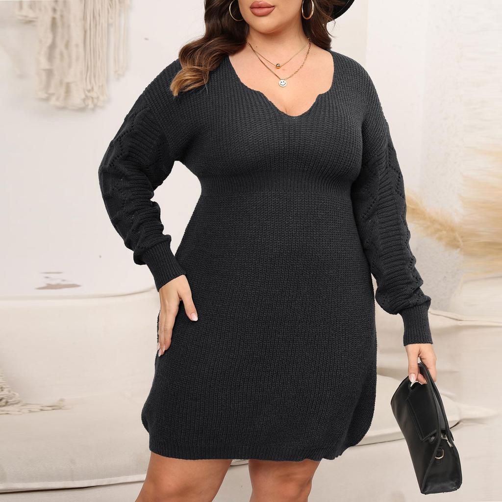 Big Size Women's And Winter Color V-Neck Woven Sweater Dresses Waisted Dresses