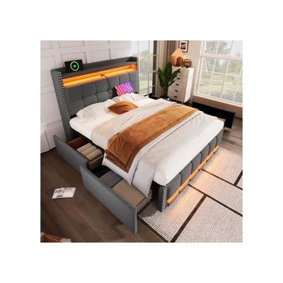 Gepolstertes Bett - - 140x200 cm - LED-Beleuchtung - USB-Anschluss - 4 Aufbewahrungsschubladen