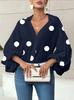 Women's Polka Dot V Neck Oversized Blouse Puff Long Sleeve Loose Shirt