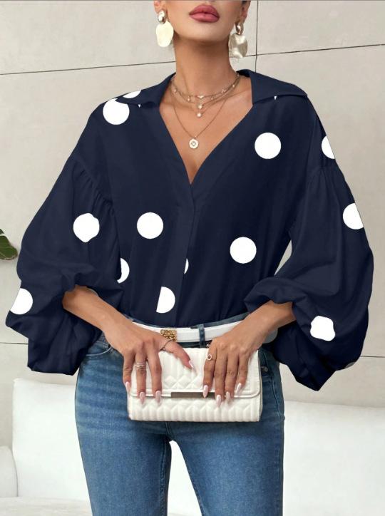 Women's Polka Dot V Neck Oversized Blouse Puff Long Sleeve Loose Shirt