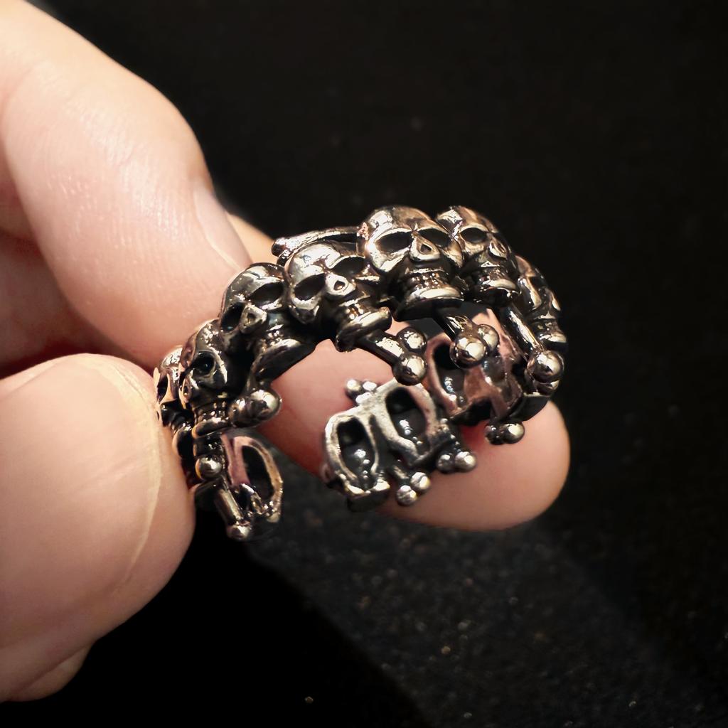 Retro “Ossuary” Skulls Adjustable Open Ring For Men Women Silver-plated Copper Punk Gothic Edgy Jewelry Accessories Cool Gift