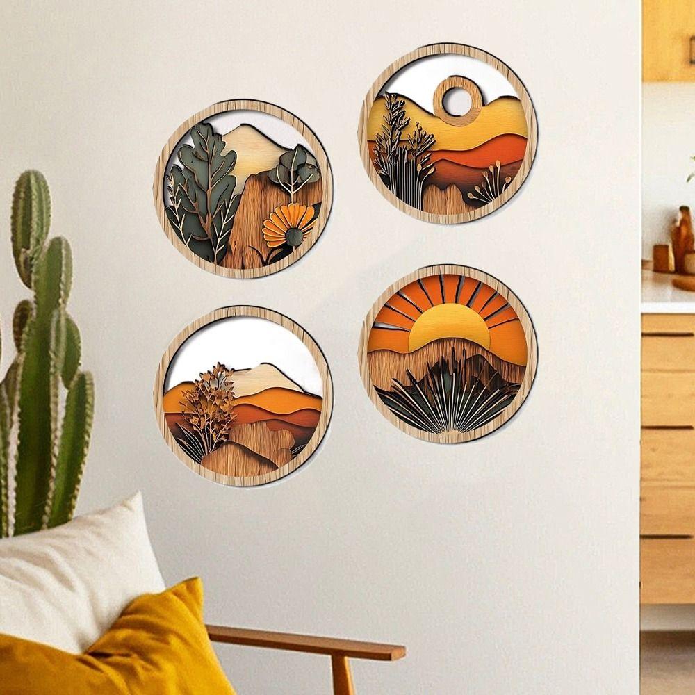 4Pcs Wooden Frames Aesthetic Ornament Round Background Pendant  Bedroom