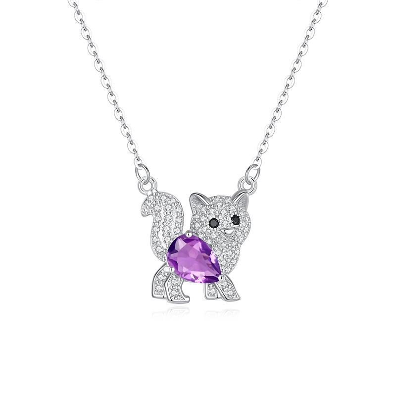 

S925 Silver Cat Pendant Necklace Natural Crystal Choker Chain for Women