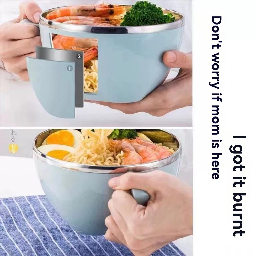 Stainless Steel Bowl with Handle Solid Color Anti Scalding Instant Noodles Mixing Bowl Kitchen Tableware Food Accessory