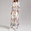 Women's Casual Round Neck Loose Fit Sweatshirt and Pants Set with Printed Split Hem