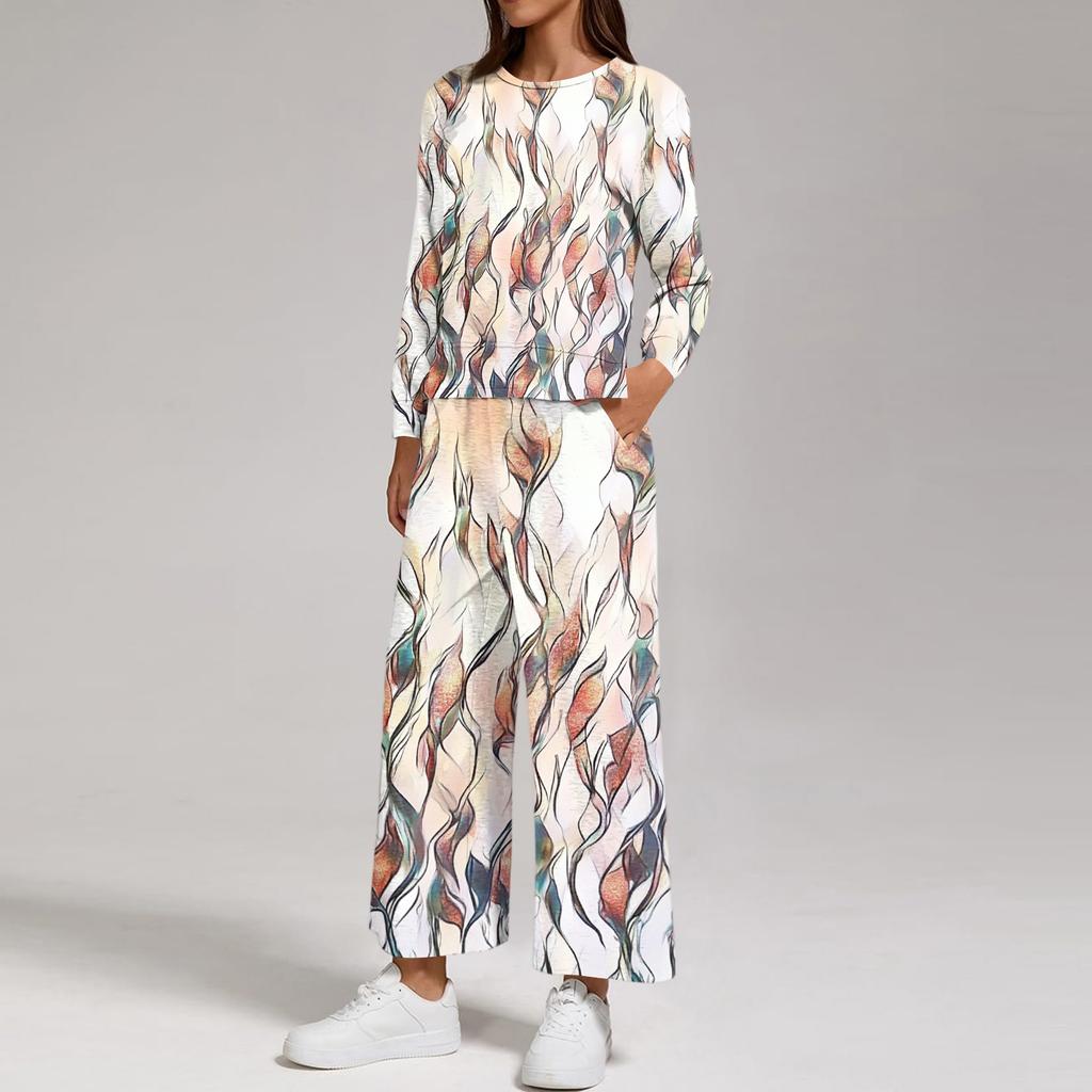 Women's Casual Round Neck Loose Fit Sweatshirt and Pants Set with Printed Split Hem