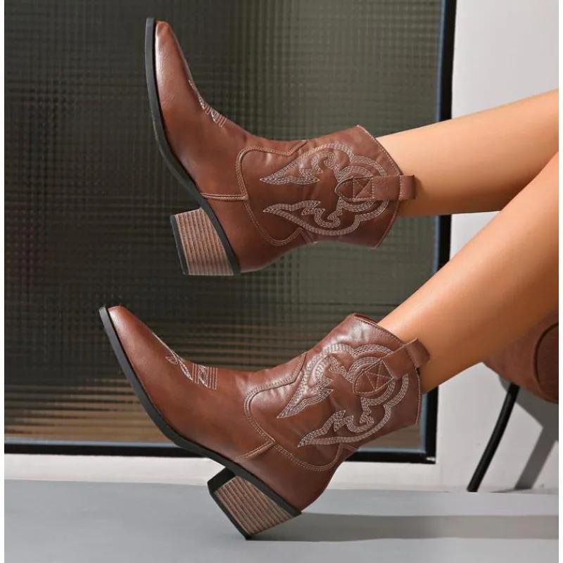New Western Boo Cowgirl High Knee Boots New Trend Wedge Heels Embroidered Winter Shoes for Women Brown Cowgirl Cowboy Boots