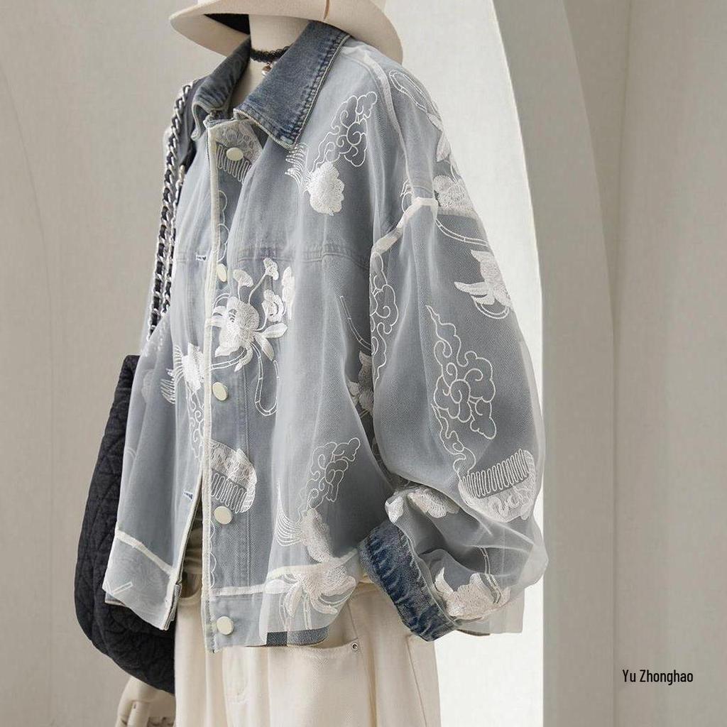 Women's Chinese Style Lace Patchwork Denim Jacket - Spring/Autumn 2026 Fashion, Age-Reducing Short Design
