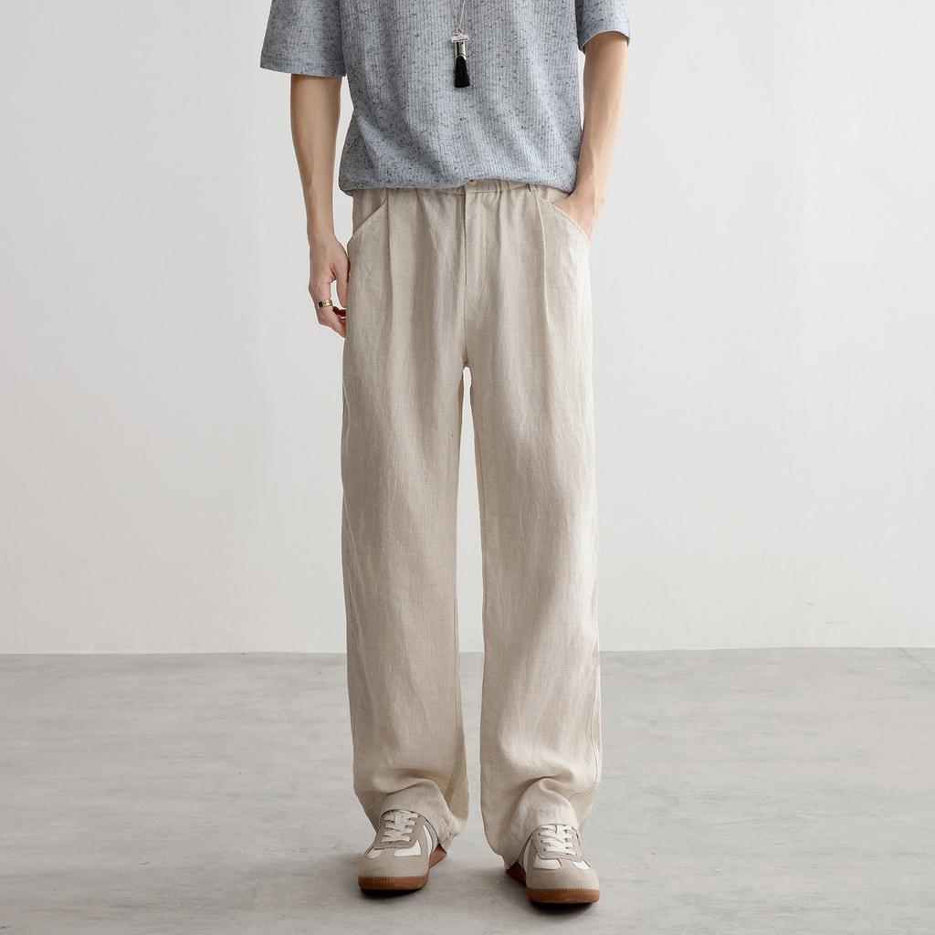 New trendy brand cotton and linen casual pants men's summer loose and versatile straight trousers men's