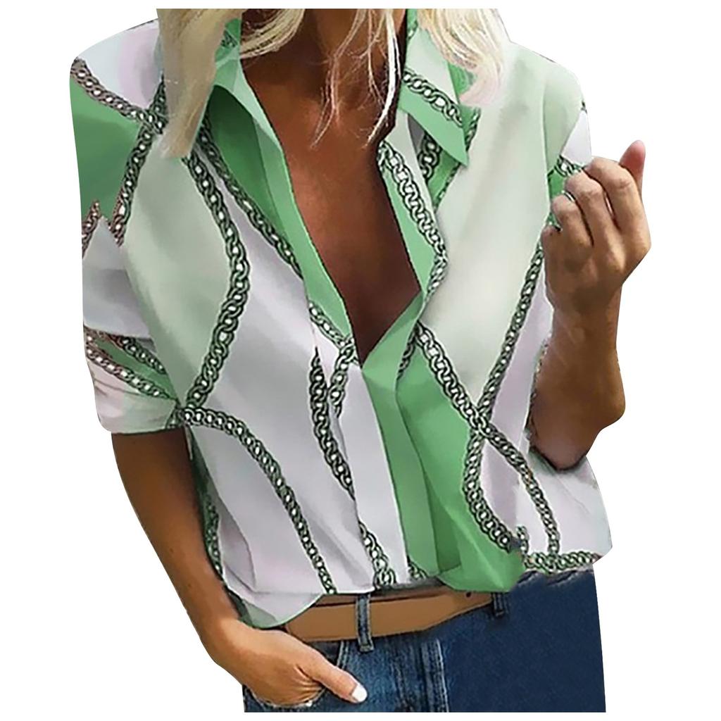 Women's Casual Fashion Loose Print Lapel Pullover Long Sleeve Shirt Tops