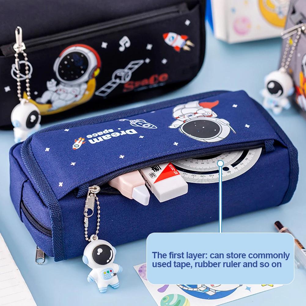 Cartoon Space Astronaut Pencil Case Large Capacity Canvas Pencil Bag Kids School Office Supplies Student Cartoon Stationery Bag
