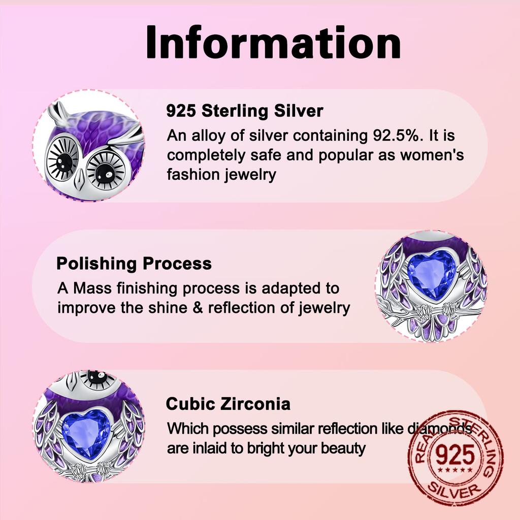 Copper Animal Purple Owl Zircon Pendant Charm Compatible With Authentic Charm Bead Charms Bracelets Women Do It Yourself Jewellery Gift