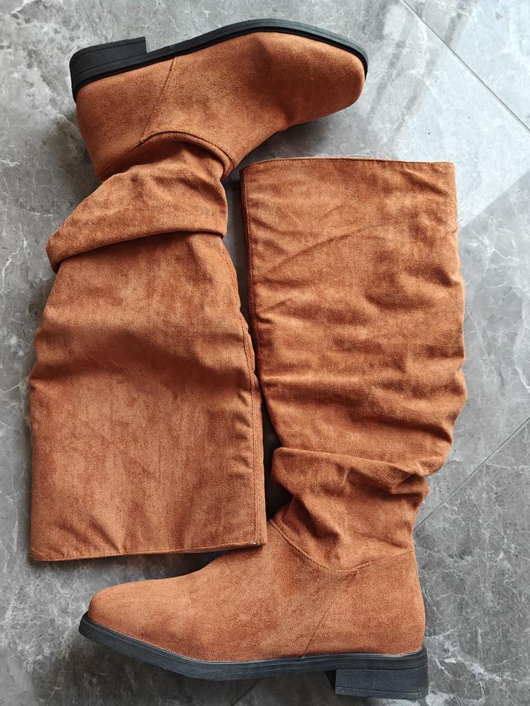 Women's Solid Color Comfortable Low Heels Fashion Pleated Knee-high Boots Round Head Square Heels Increase Large Size Women Shoe