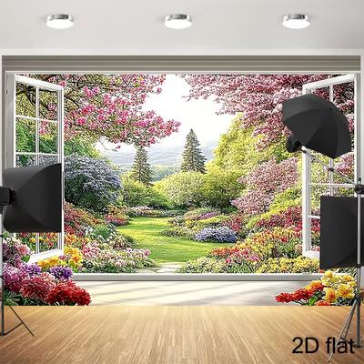 2D Beautiful Garden View Through White Window Photography Backdrop