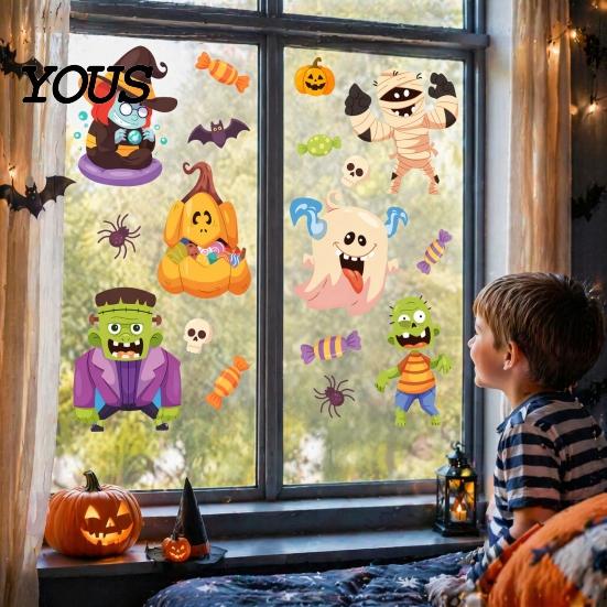 Festive Holiday Home Decor Halloween Static Window Clings, Cartoon Ghost Pumpkin Witch Monsters Decals, Waterproof Creative Gifts for Removable