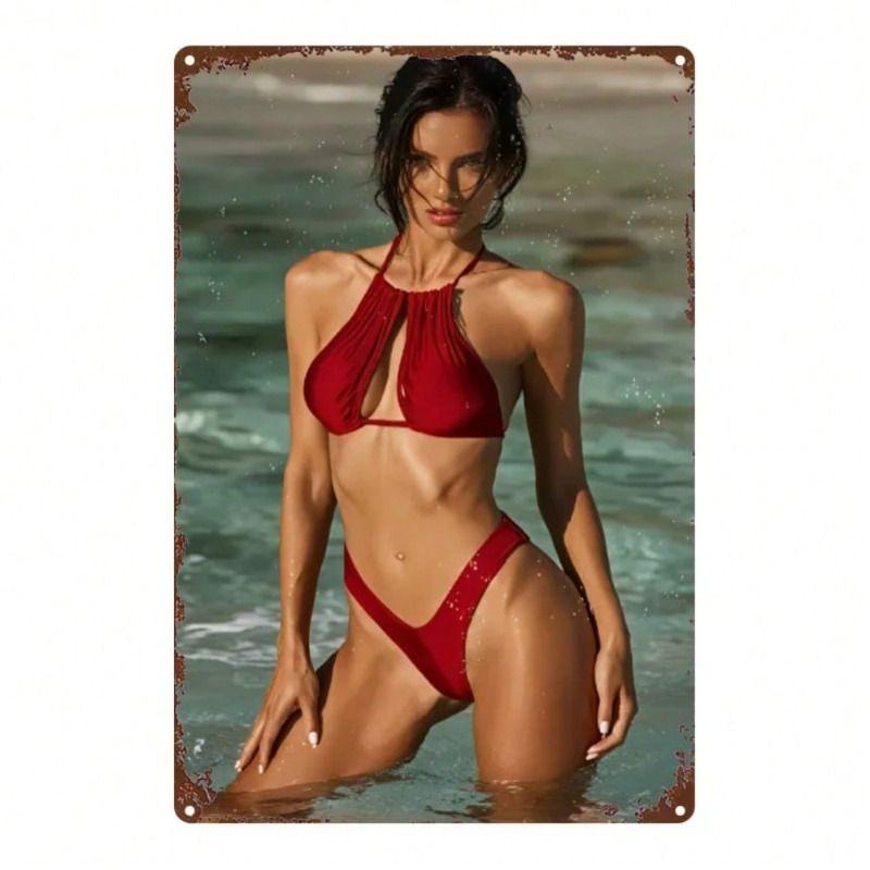 

Vintique Retro Beach Woman Red Swimsuit Metal Wall Poster Home Decor