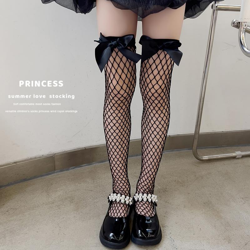 Children's Socks Summer Lolita Wooden Ear Mesh Ribbon Large Bow Mid-tube Socks for Girls