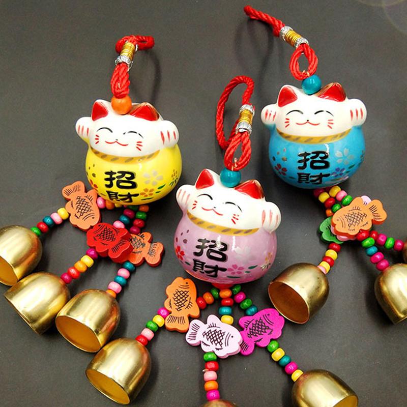 Fortune Cat Ceramic Wind Chimes Hanging Car Charm Garden Charm Decorations Crafts Wind Chimes Metal Bells Good Luck Wind Chimes
