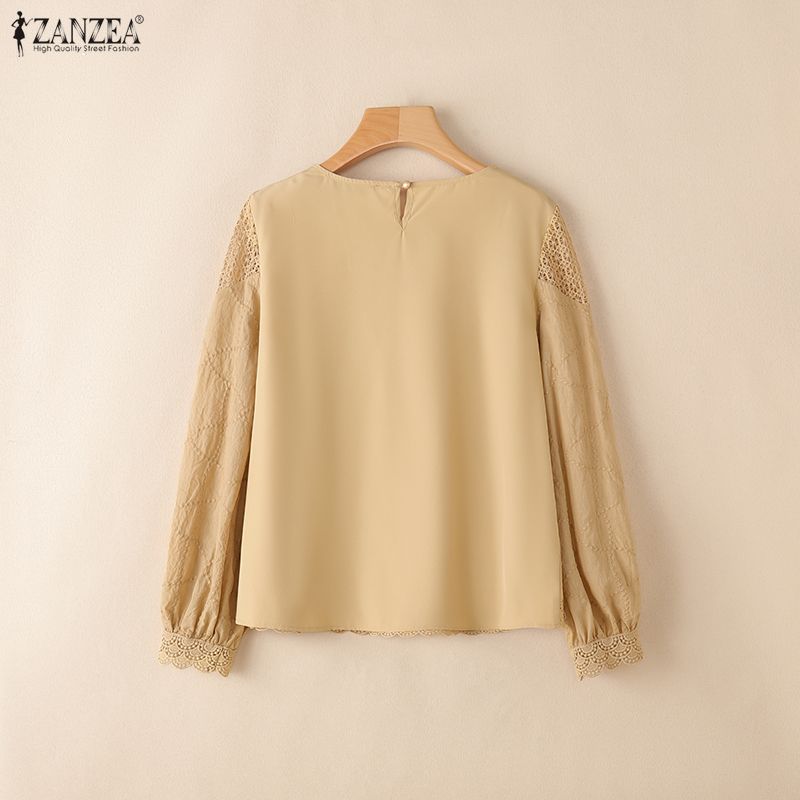 ZANZEA Women Crochet Patchwork Casual Round Neck Loose Long Sleeve Blouse