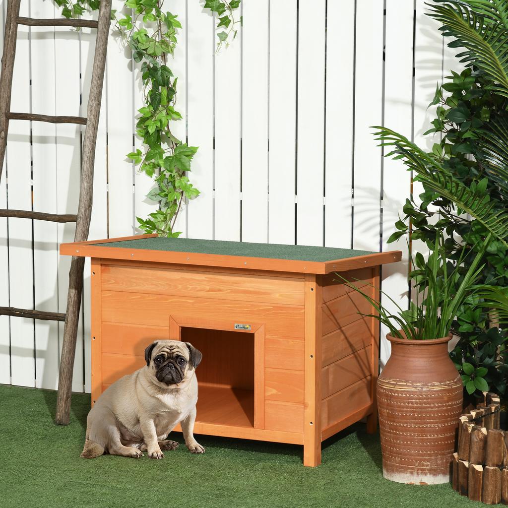 Hundehütte für den Außenbereich, Hundehütte aus Holz mit aufklappbarem Bitumendach, Wasserdichte Hundehöhle mit erhöhtem Boden für kleine Hunde, Gelb