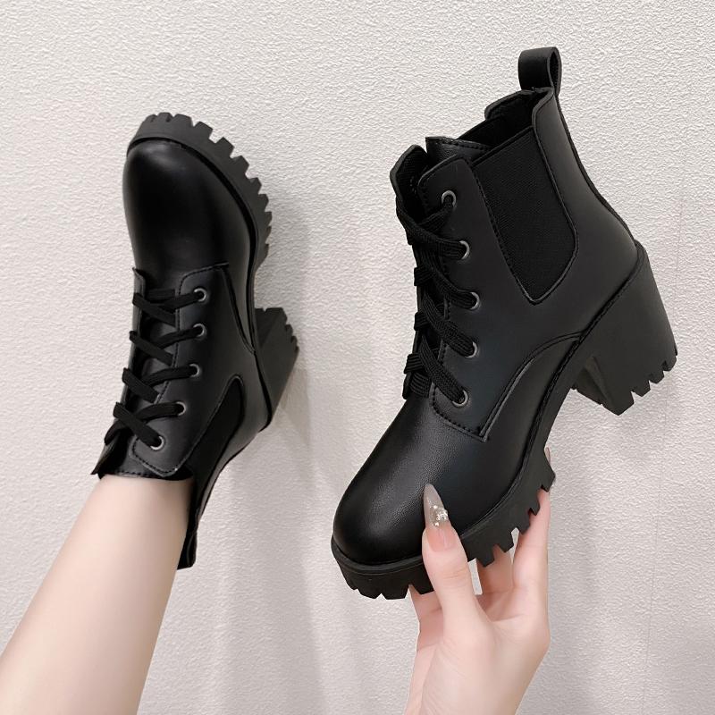 Fashion Women Retro Round Toe Chunky Heels Ankle Boots Autumn New High Heels Shoes Woman Lace Up Platform Short Booties Big Size 43