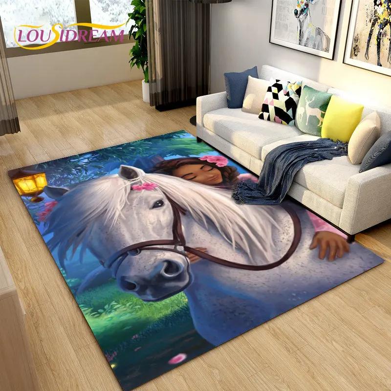 Cartoon Spirit Riding Free Horses Area Rug,Carpet Rug for Living Room Bedroom Sofa Doormat Decoration, Kids Non-slip Floor Mat