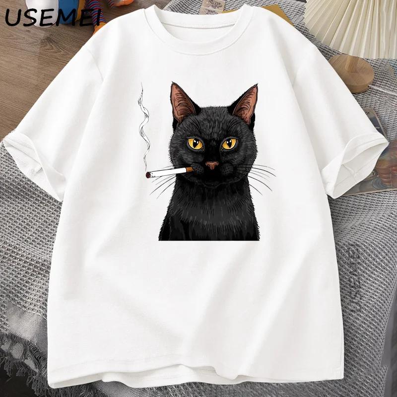 Smoking Cat Tshirt Funny Y2k Vintage Trendy Streetwear Graphic T Shirt Edgy Cat Lover Tshirt Round Neck Short Sleeved Tee Tops