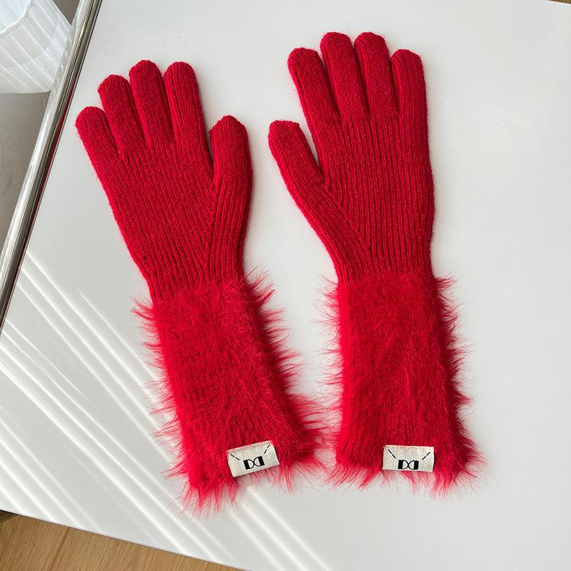 Autumn and winter dopamine solid color warm five-finger gloves versatile knitted cute student girl sweet long cycling sleeves
