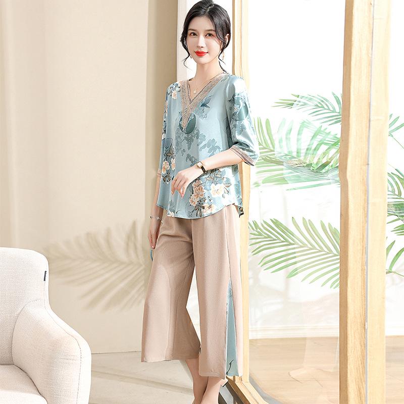 2026 Summer Chiffon Top Set for Stylish Middle-Aged and Elderly Mothers (Short/Mid-Sleeve)