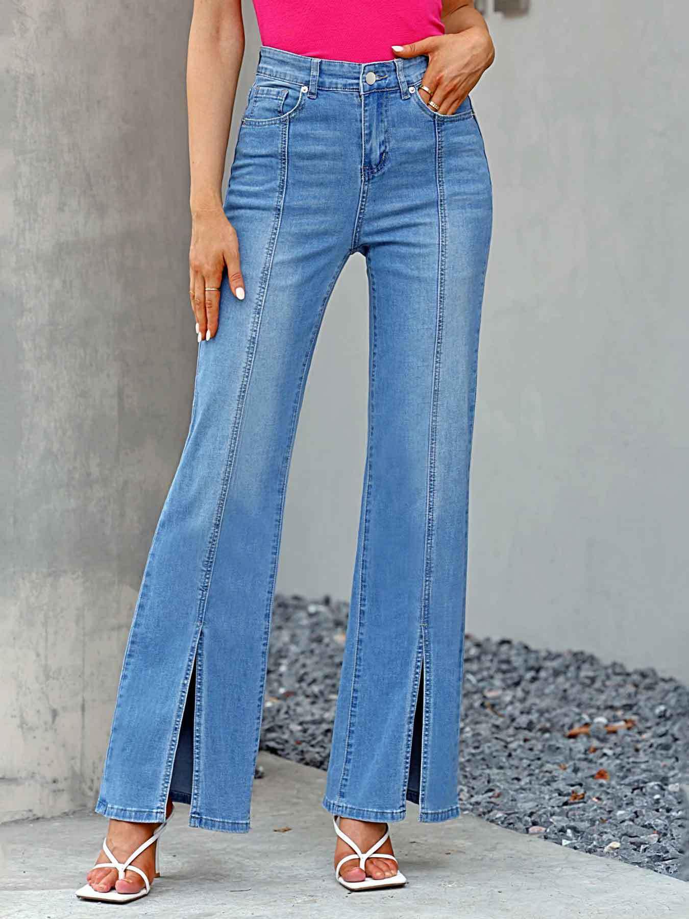 Women s Stylish Front-Slit Slim-Fit Denim Jeans Medium