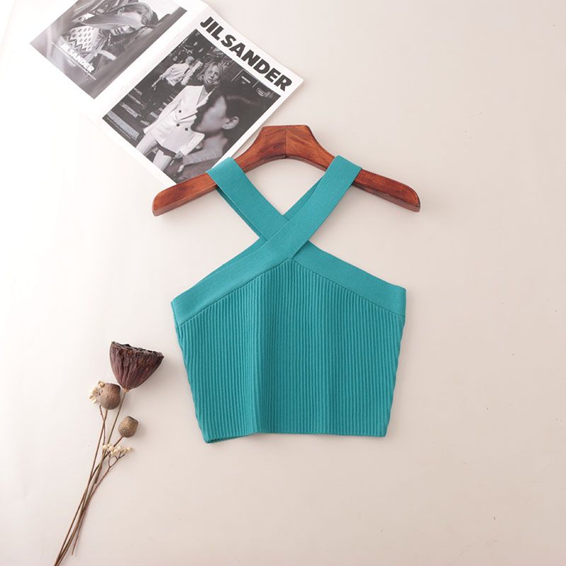 American Fashion Brand Cross Hanging Neck Cami Summer Rib Solid Sexy Short Knitted Top Women