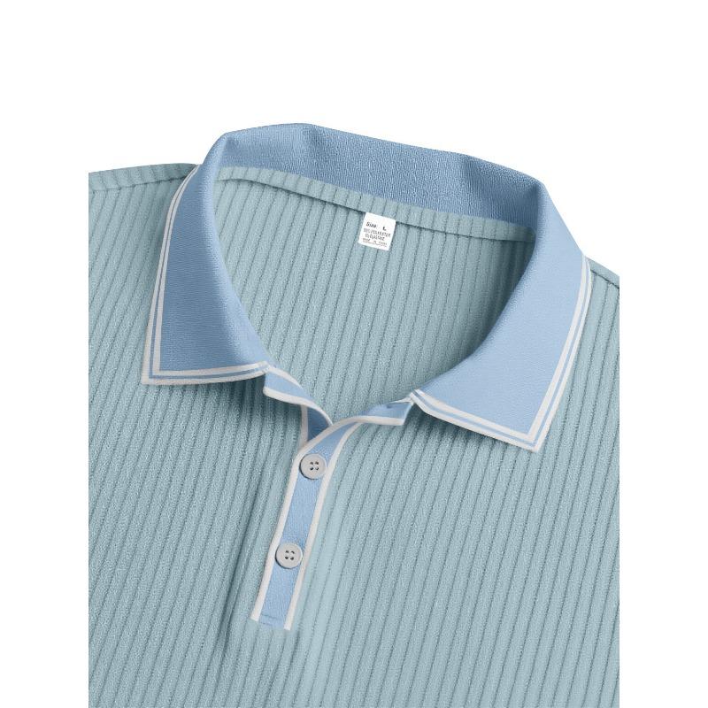 Mens Long Sleeve Striped Polo Shirt Loose Breathable Business Casual