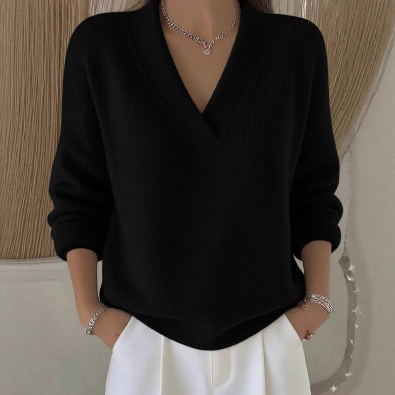 2025 Knitted V-neck Loose Sweater Autumn and Winter New Solid Color Casual Fashion Women's Sweater