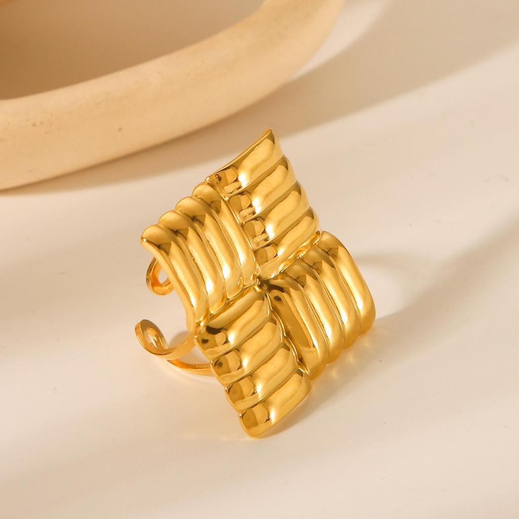 18K Gold Textured Stainless Steel Square Ring for Women - Exaggerated Titanium Steel Jewelry
