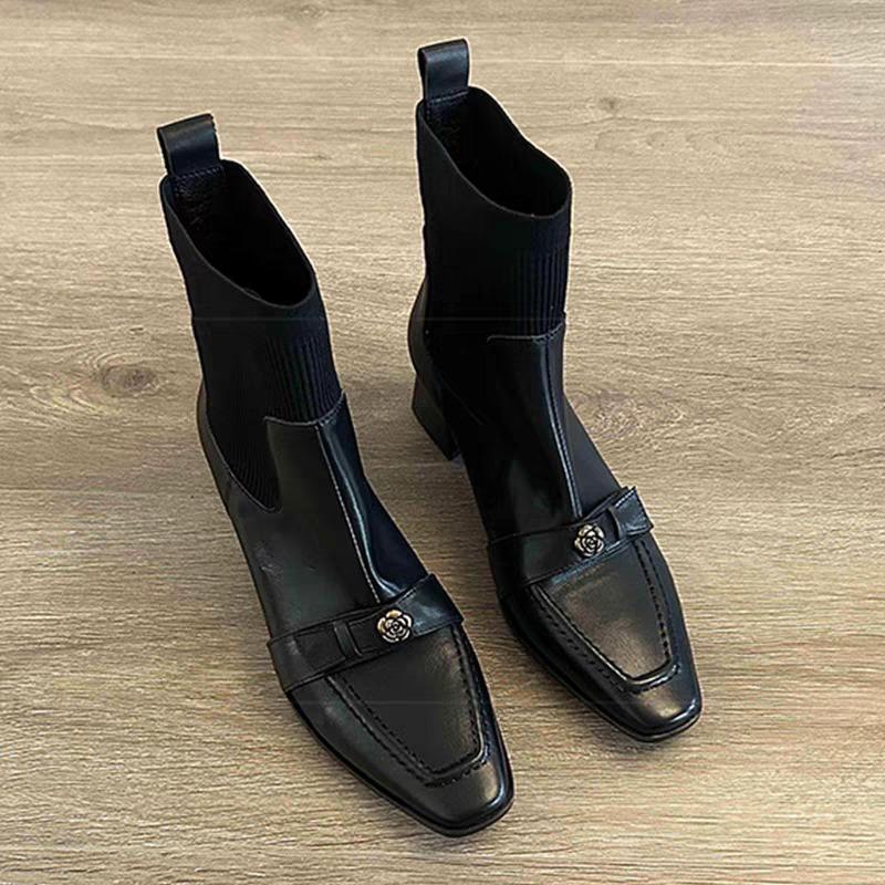 Fashion Vintage Camellia Gold Buckle Knit Stretchy Sock Boots Women's Square Toe Mid Block Heel