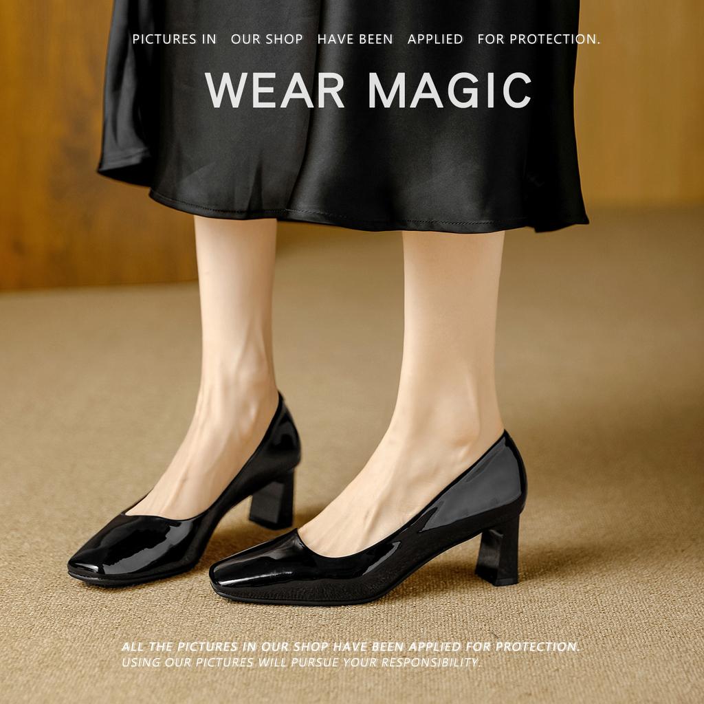 Square Head Thick Heel Patent Leather Nude High Heels Women's Spring and Autumn New Daily Versatile Middle Heel Fashion Shoes