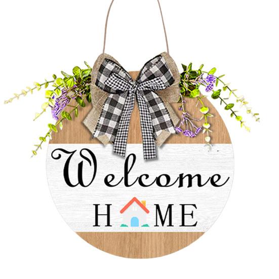 Welcome Wreath, Wood with Hemp Rope Hanger, Fabric Bow Decor Rustic Round Sign, for Doors Walls Entryway