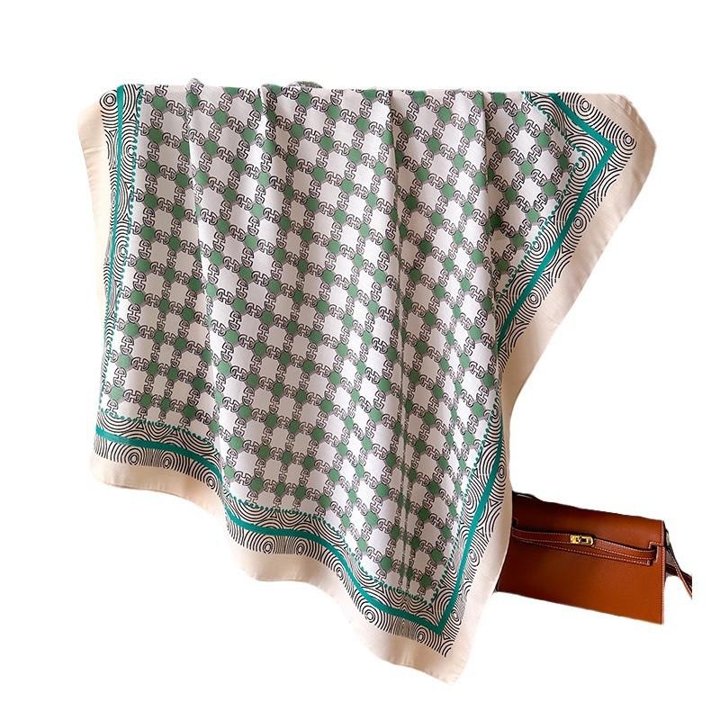 Light Luxury Simple Grid 90 Simulation Silk Large Square Scarf Retro Printed Shawl Versatile Herringbone Scarf Headscarf Women